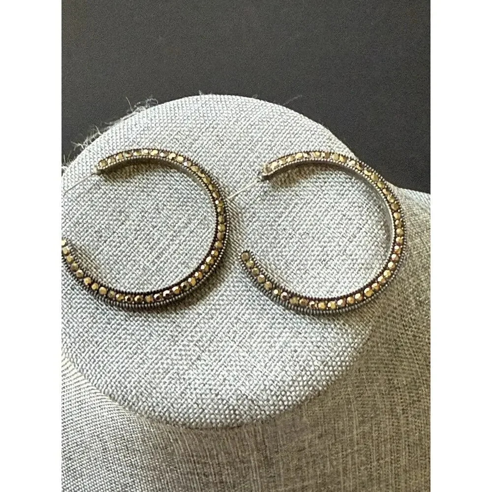 Metal Stud Hoop Earrings Rhinestones Crystal Bead Metallic Gold Tone Pierced